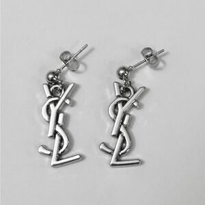 Yves Saint Laurent YSL-Inspired Silver Logo Drop Fashion Earrings Stamped